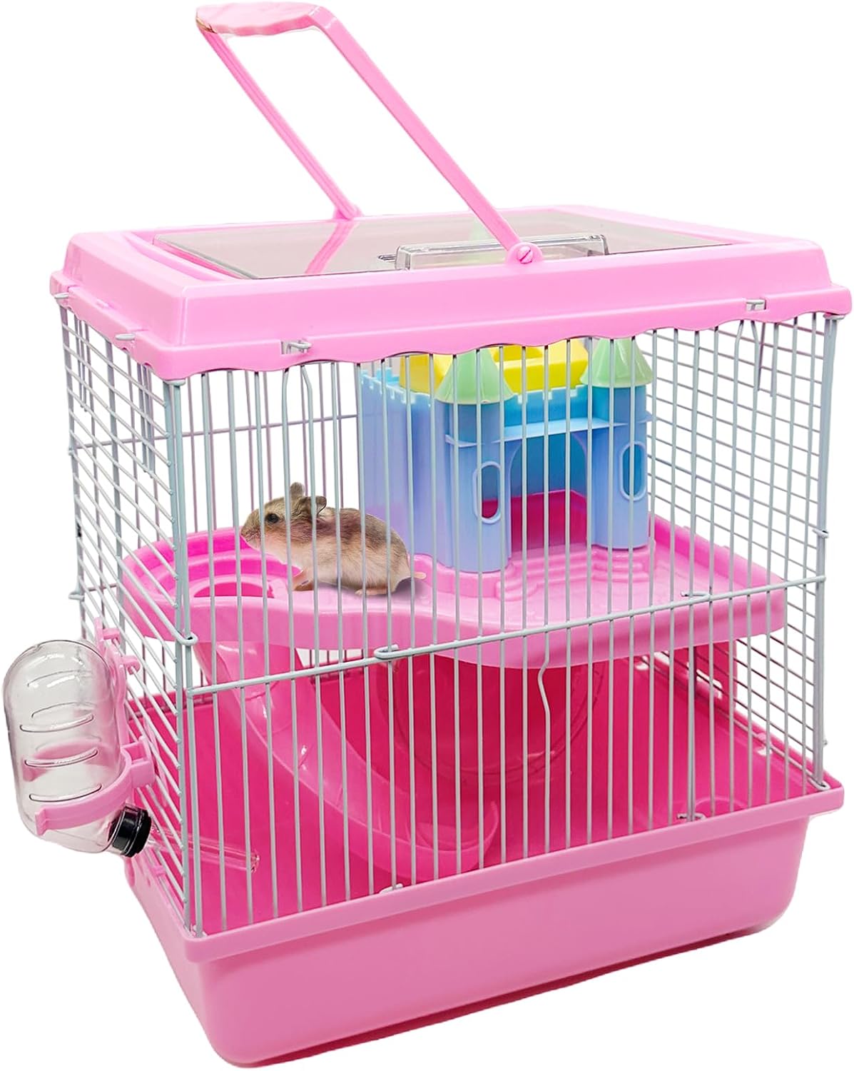 Tfwadmx Hamster Carrier, Dwarf Hamster Travel Cage, Portable Cages with Water Bottle, Gerbil Travel Carry Case Outdoor Vacation House for Small Mice(Pink,10.6"x8"x11.4") - Image 1