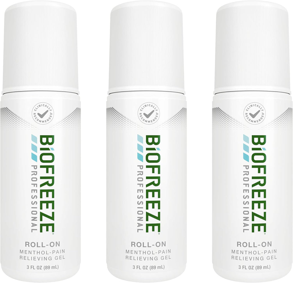 Biofreeze Professional Pain Relief Roll On front view three pack showcase