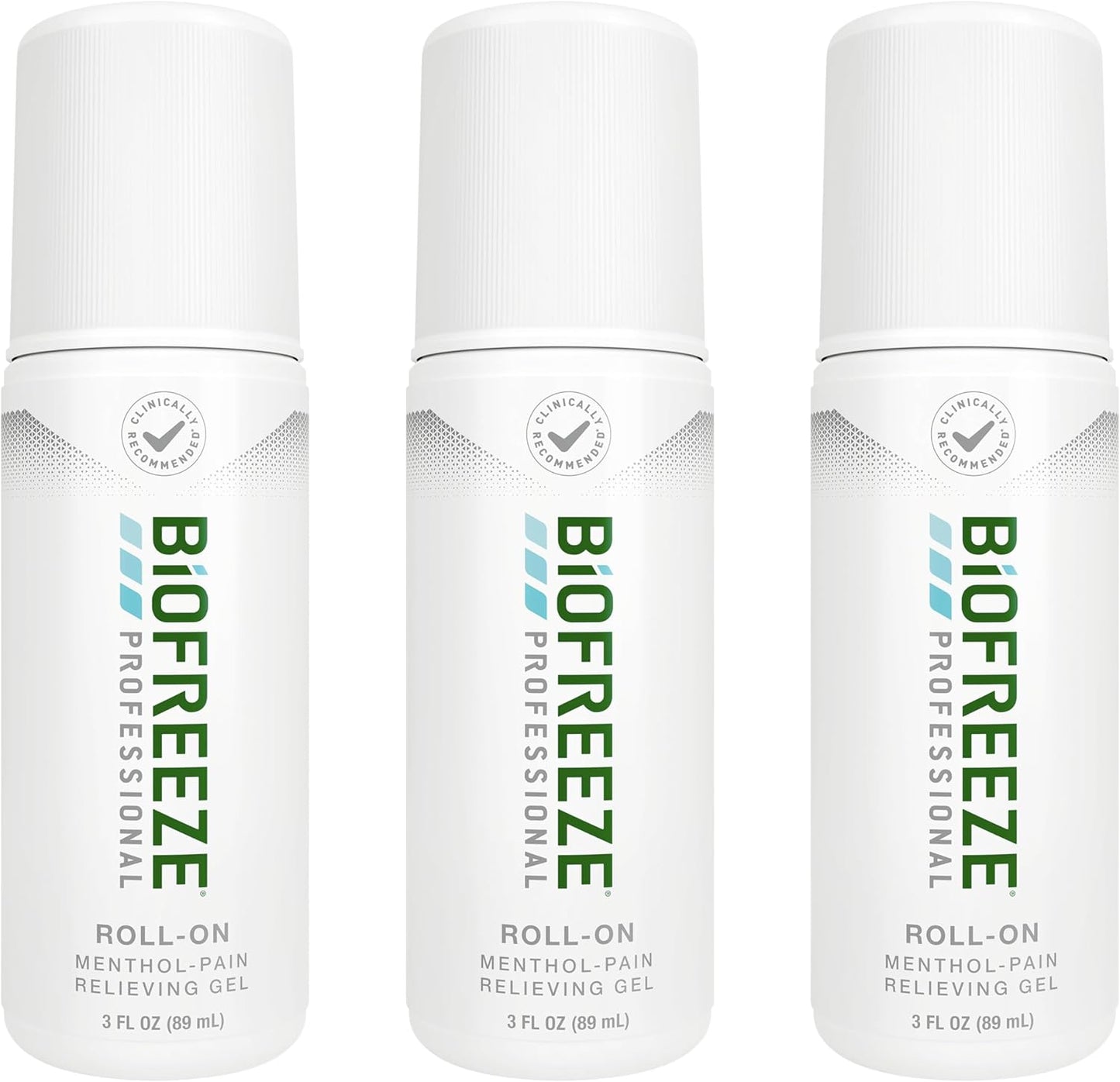 Biofreeze Professional Pain Relief Roll On front view three pack showcase