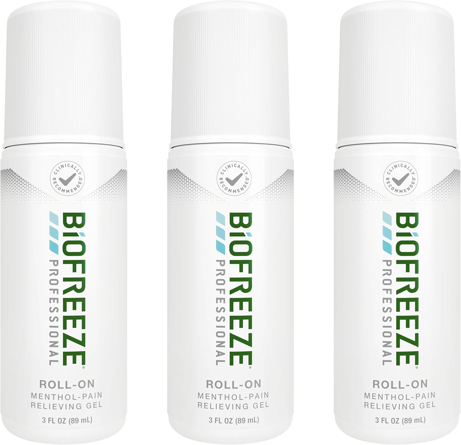Biofreeze Professional Pain Relief Roll On front view three pack showcase