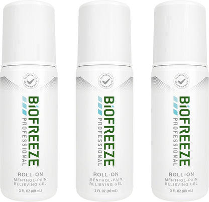 Biofreeze Professional Pain Relief Roll On front view three pack showcase