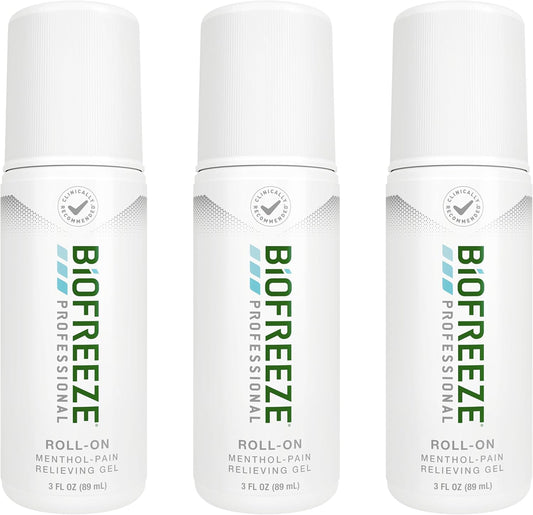 Biofreeze Professional Pain Relief Roll On front view three pack showcase