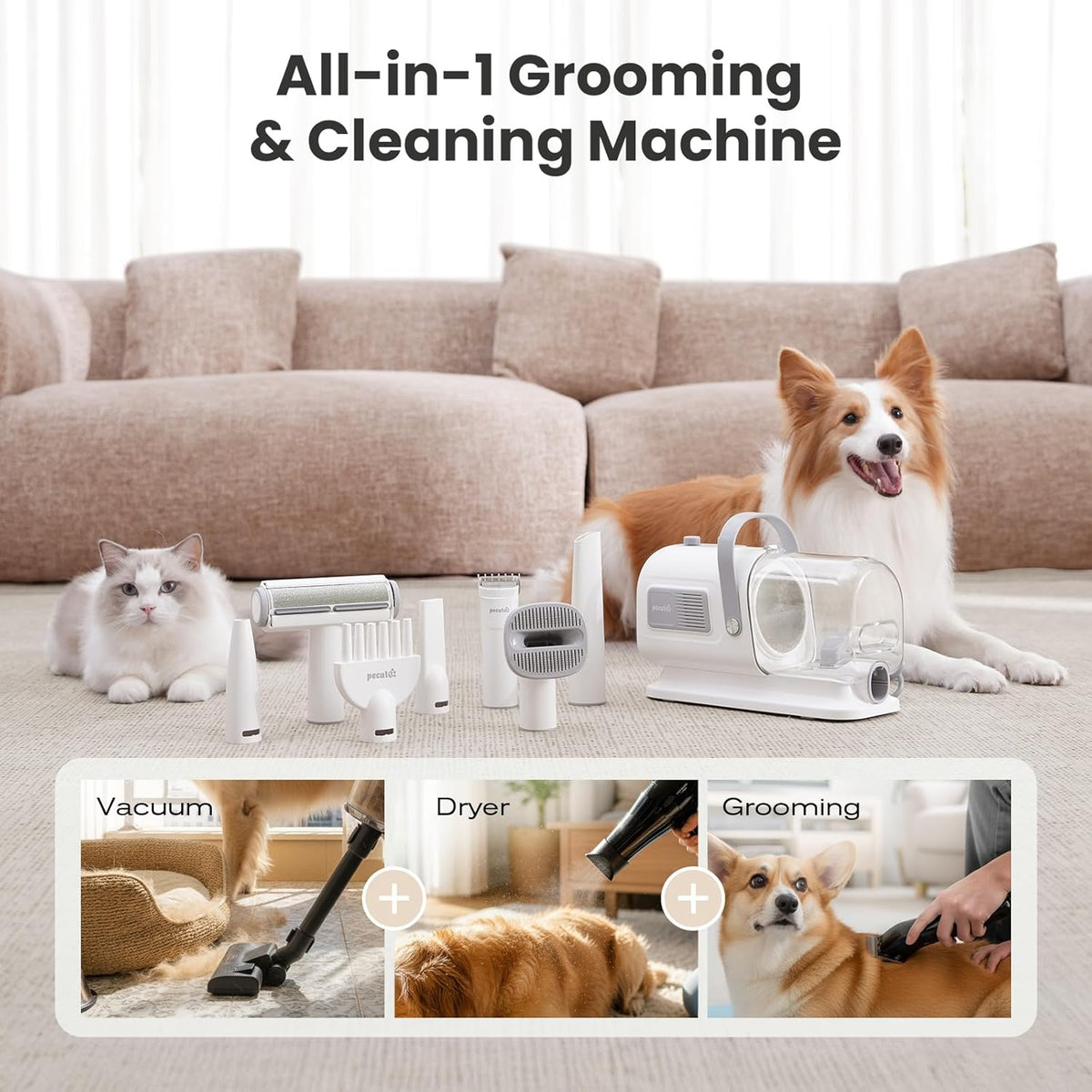 Pecute professional pet grooming vacuum machine showing all seven interchangeable attachment heads organized together
