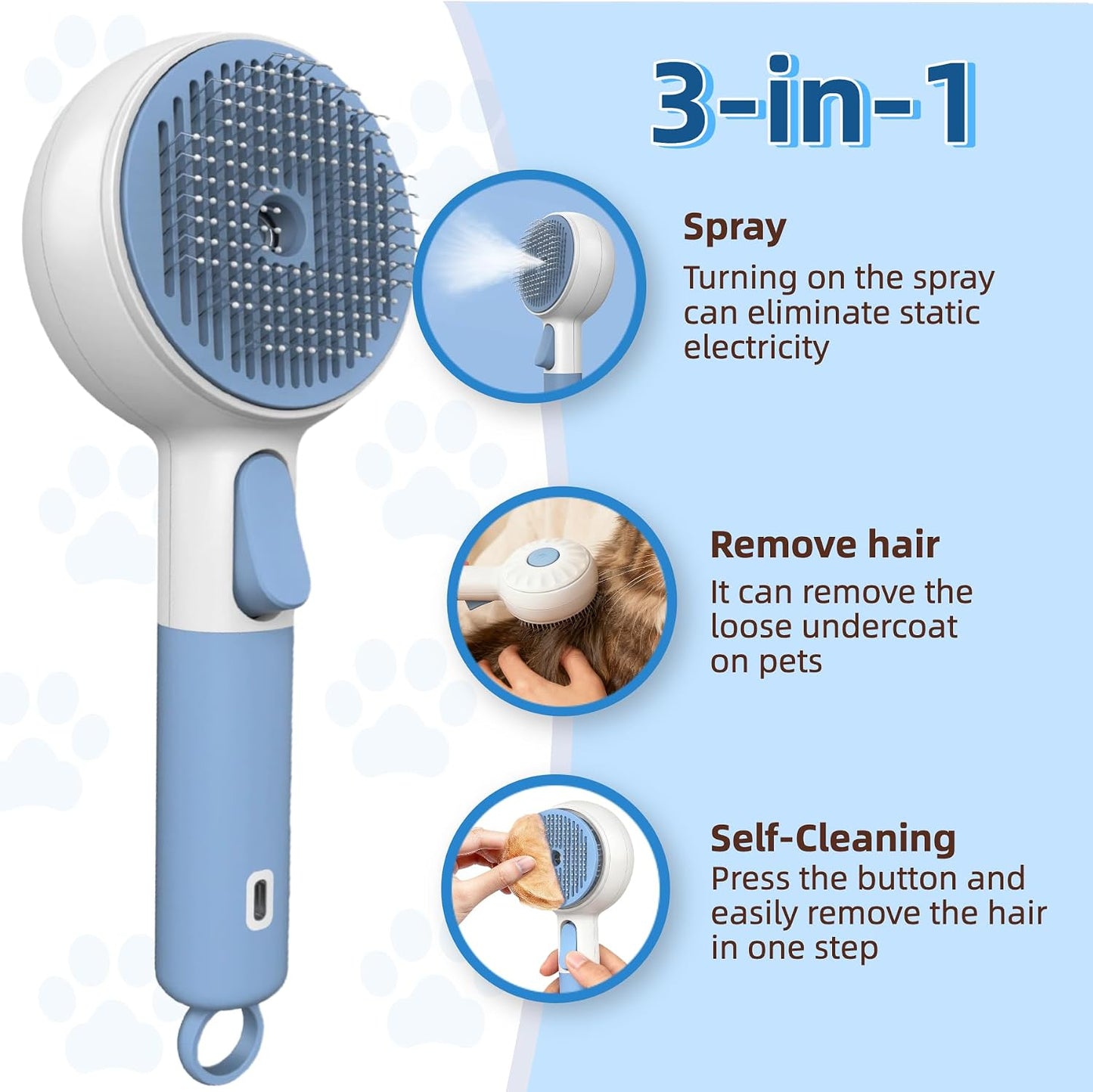 Debut Pet 3-in-1 steam brush showing cool mist spray function