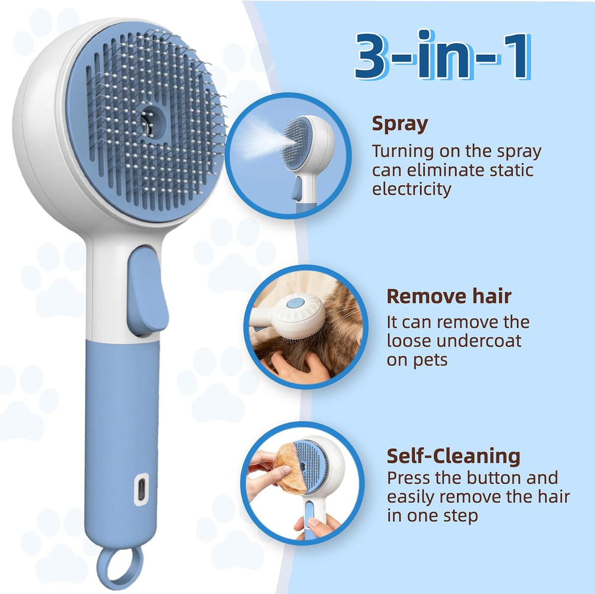 Debut Pet 3-in-1 steam brush showing cool mist spray function