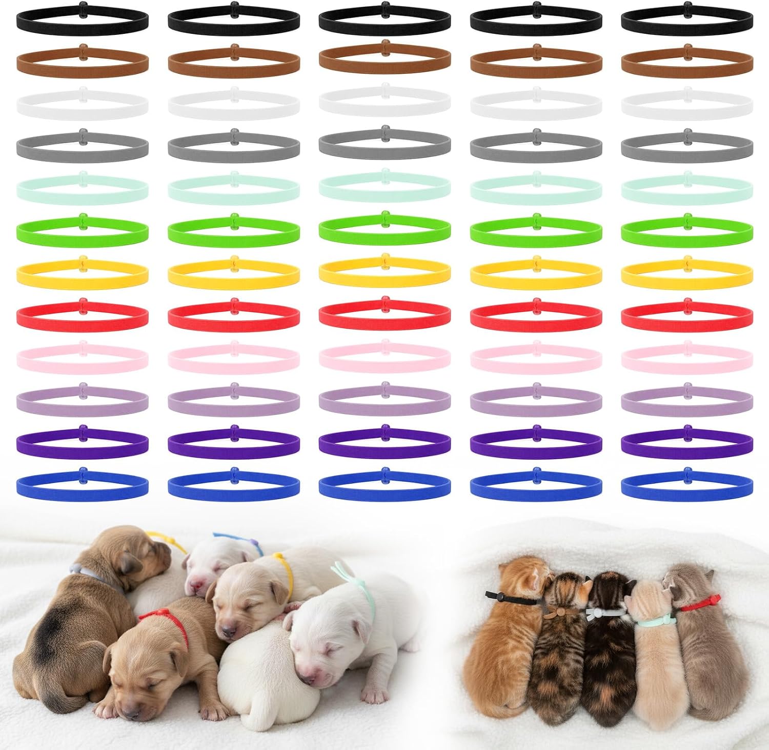 FdcLixuvol puppy litter collars front view showing twelve vibrant colored identification bands for newborn pets.