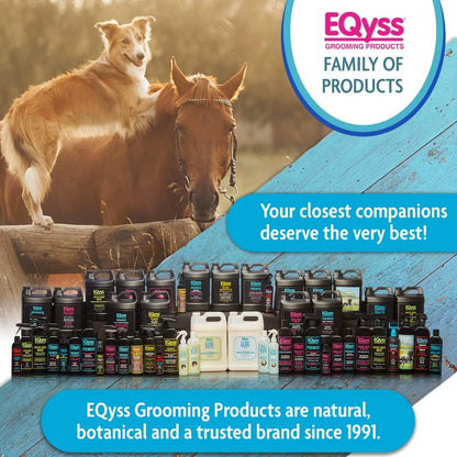Close up view of the back label instructions on the EQyss equine horse rebuilder bottle.