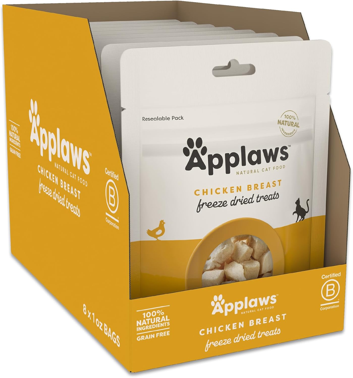 High protein natural single ingredient feline treats packaging display