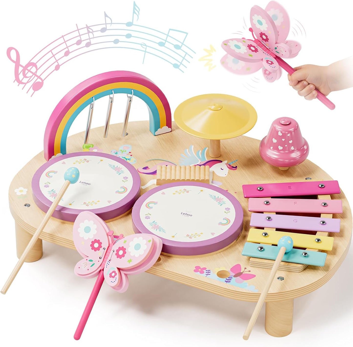 Lehoo Castle toddler drum set front view pink unicorn themed wooden musical instrument table for early development.