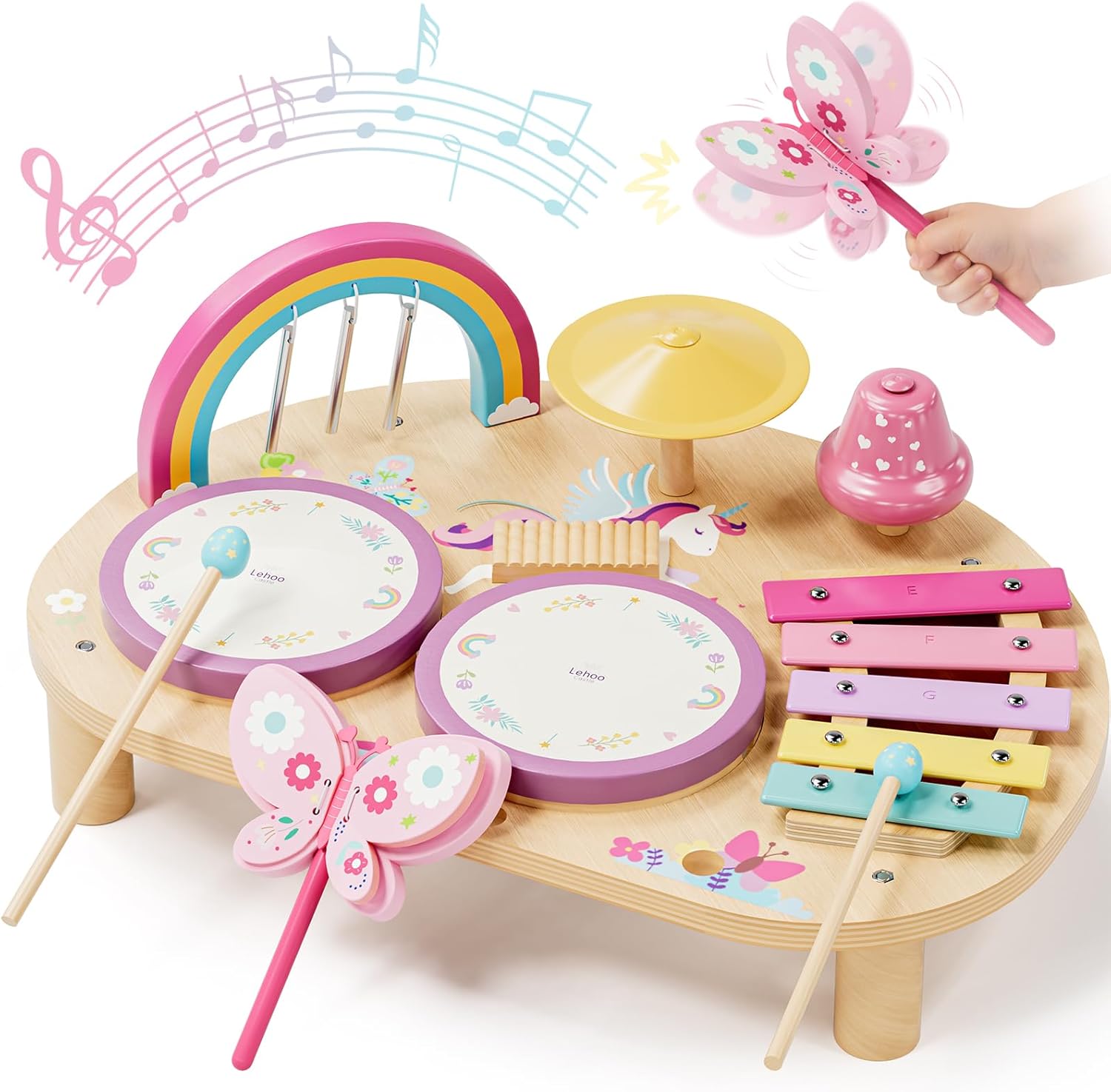 Lehoo Castle toddler drum set front view pink unicorn themed wooden musical instrument table for early development.