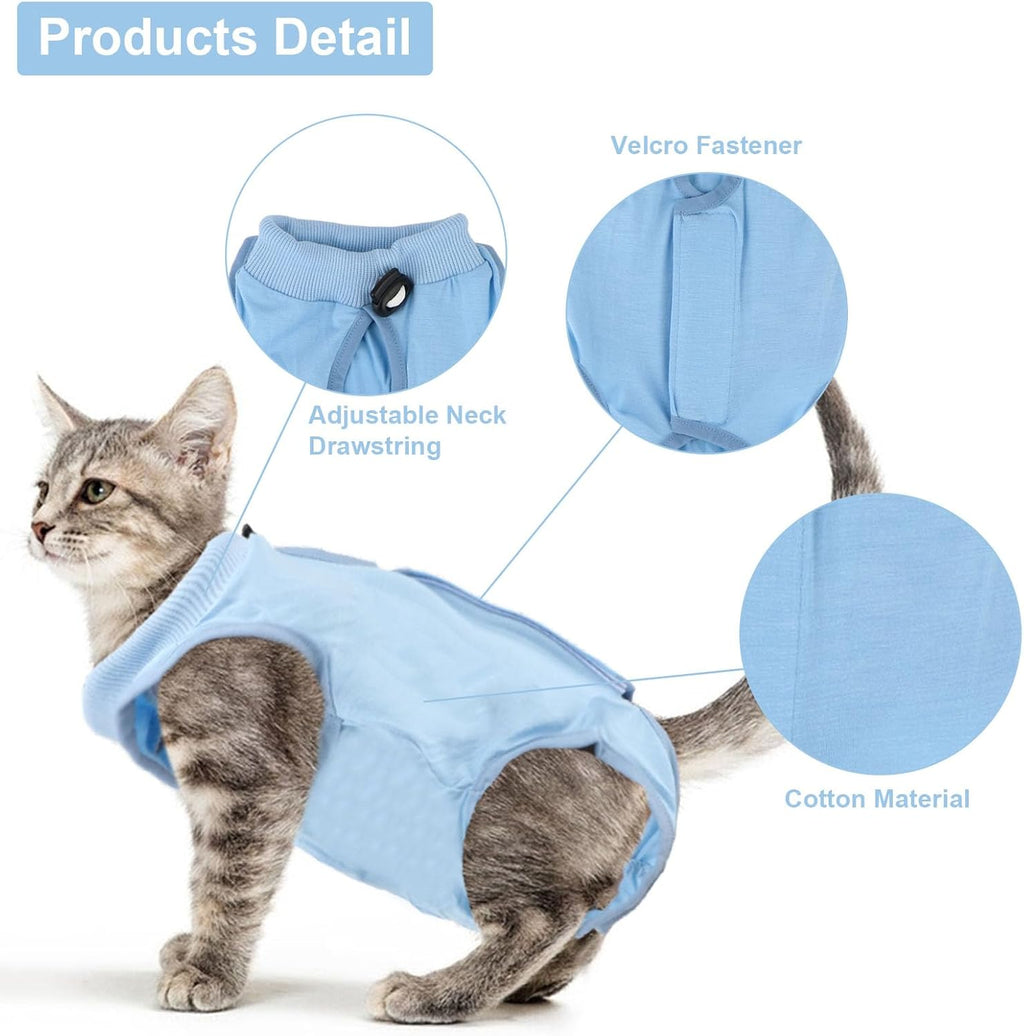 Reshiho cat surgical onesie in light blue color highlighting the stretchable cotton fabric.