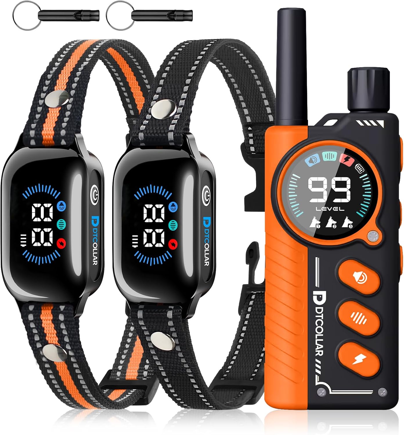 DTCollar 2-in-1 Bark Shock Collar 2 Pack front view of color screen remote and two collars