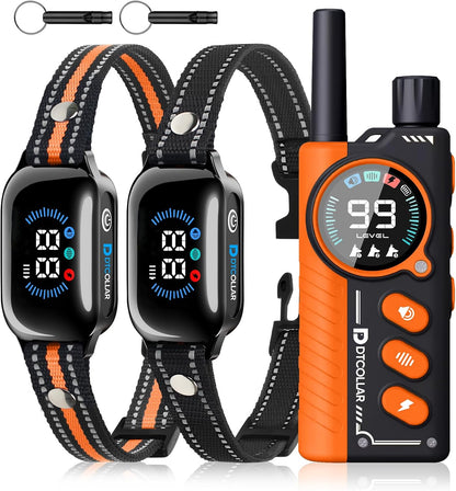 DTCollar 2-in-1 Bark Shock Collar 2 Pack front view of color screen remote and two collars