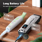 Cordless low noise pet hair trimmer showing the green and white body detailing alongside sharp ceramic blades.