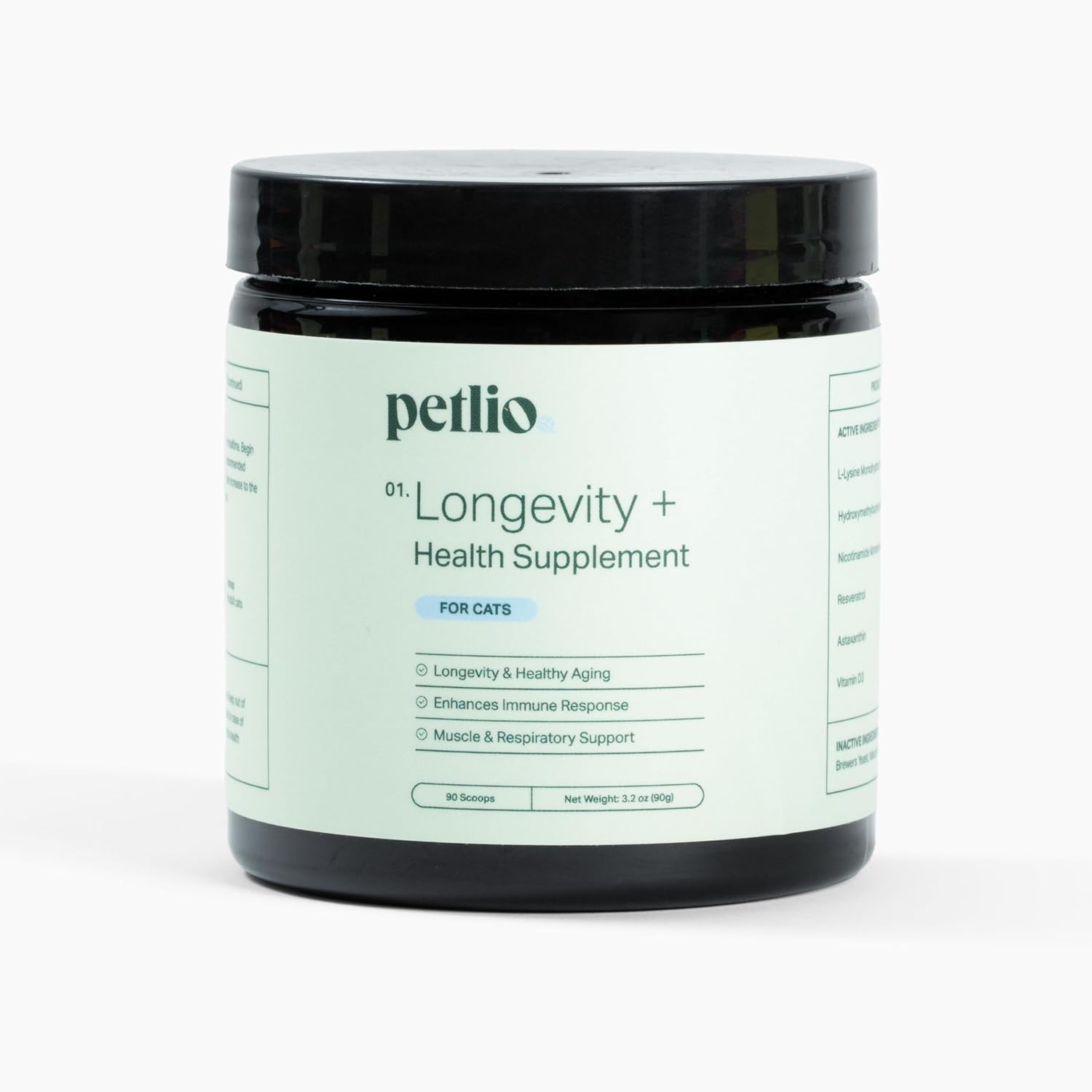 Petlio Longevity+ Cat Health Supplement front view bottle