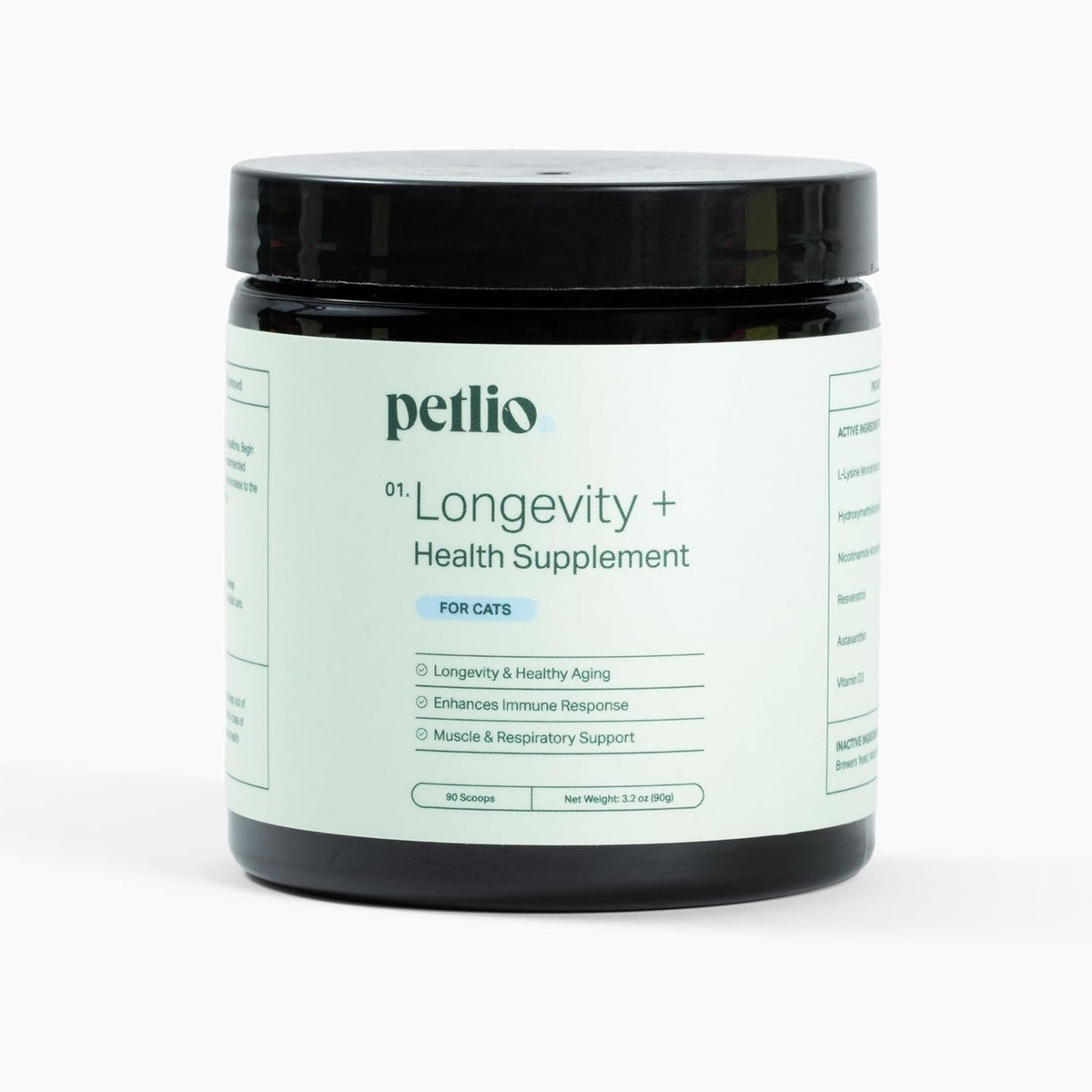 Petlio Longevity+ Cat Health Supplement front view bottle