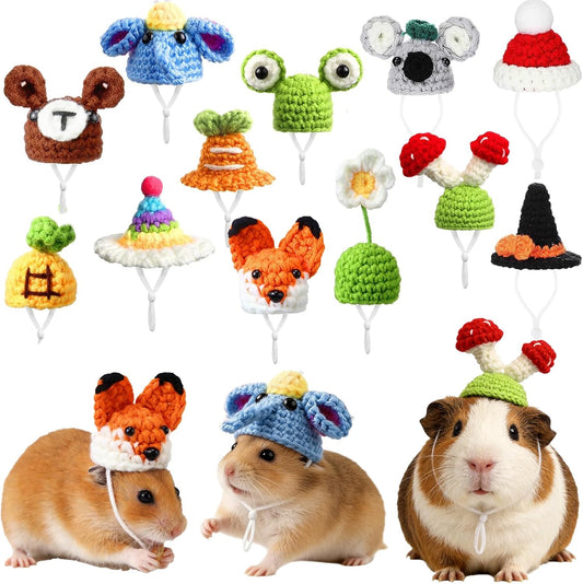 Silkfly 12 pieces mini hamster hats front view showcasing colorful hand knitted small animal costume caps.