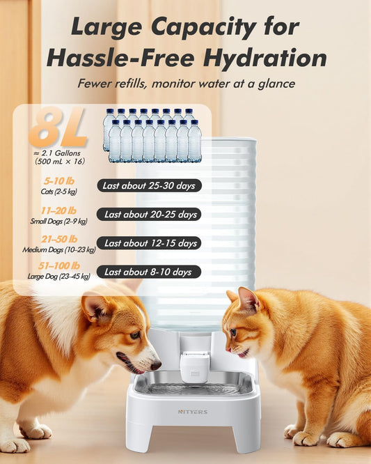 Nityers gravity pet waterer with adjustable base showing the ergonomic elevated setting for large dogs.