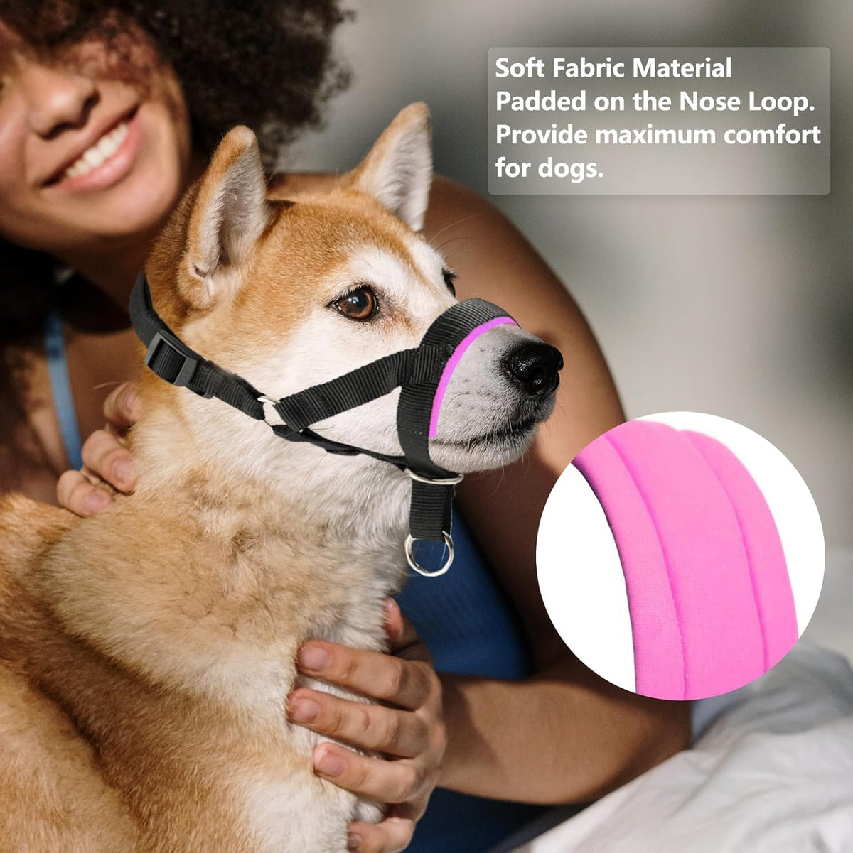 Premium nylon dog training halter with soft pink fabric padding details.