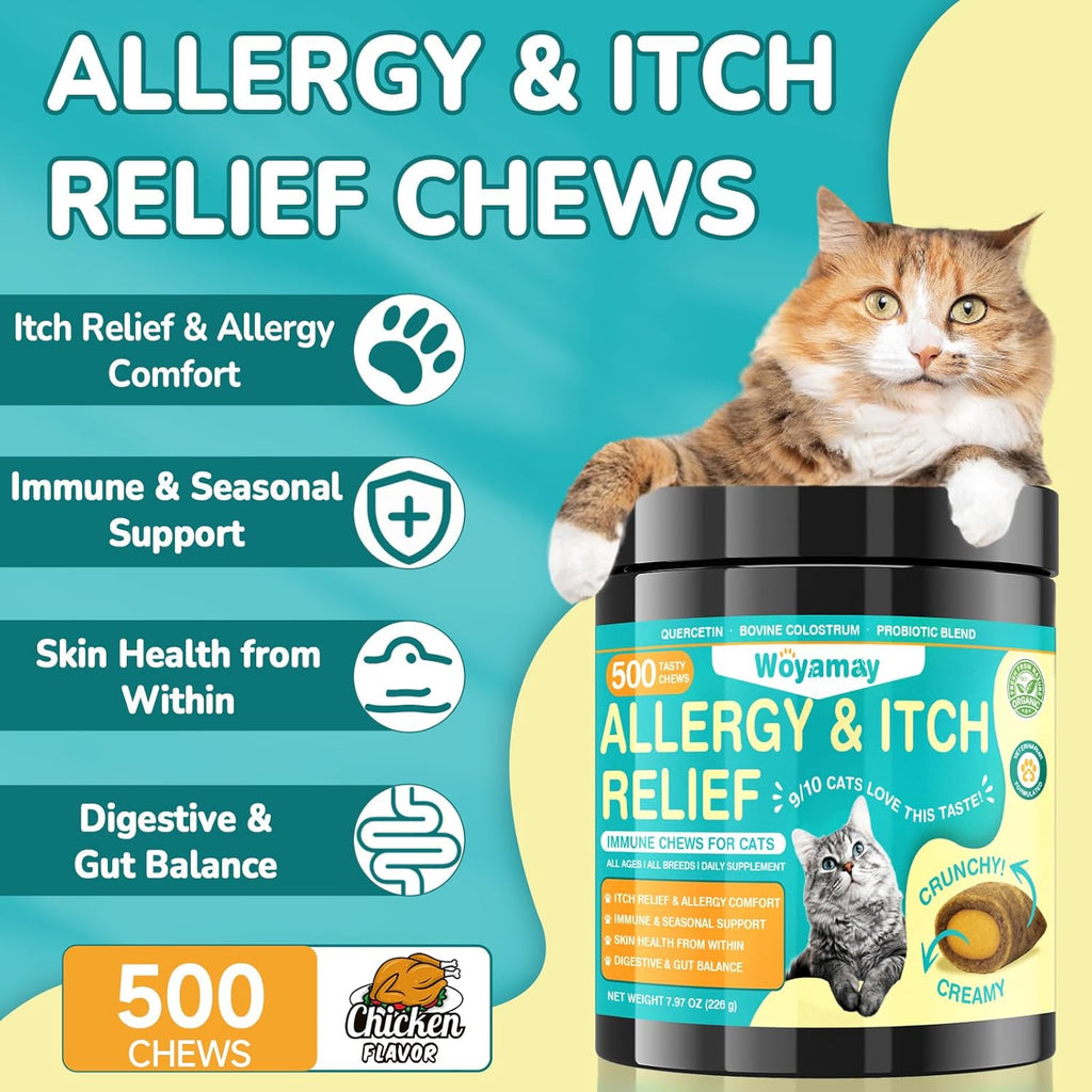 Woyamay anti itch cat supplement showing 500 crunchy and creamy pieces