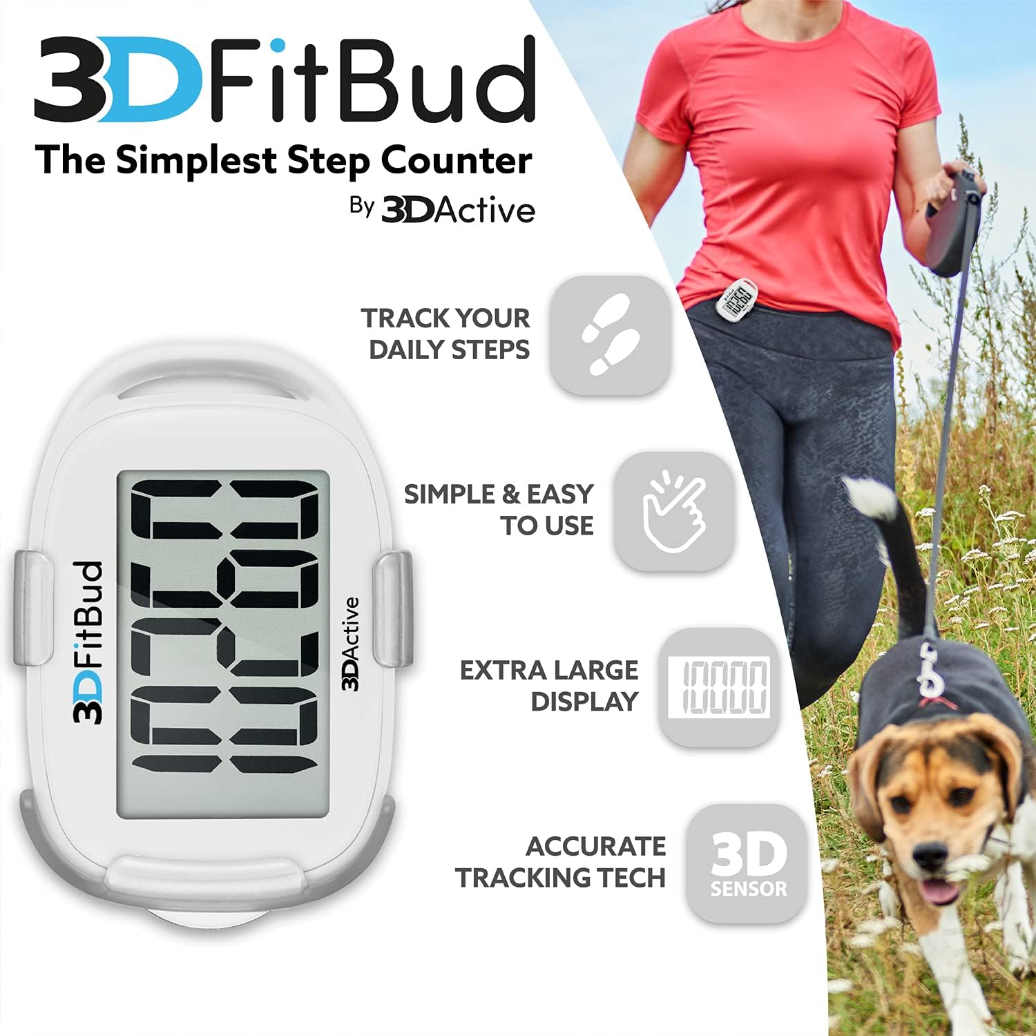 3DActive white walking 3D pedometer with attached neck lanyard accessory.