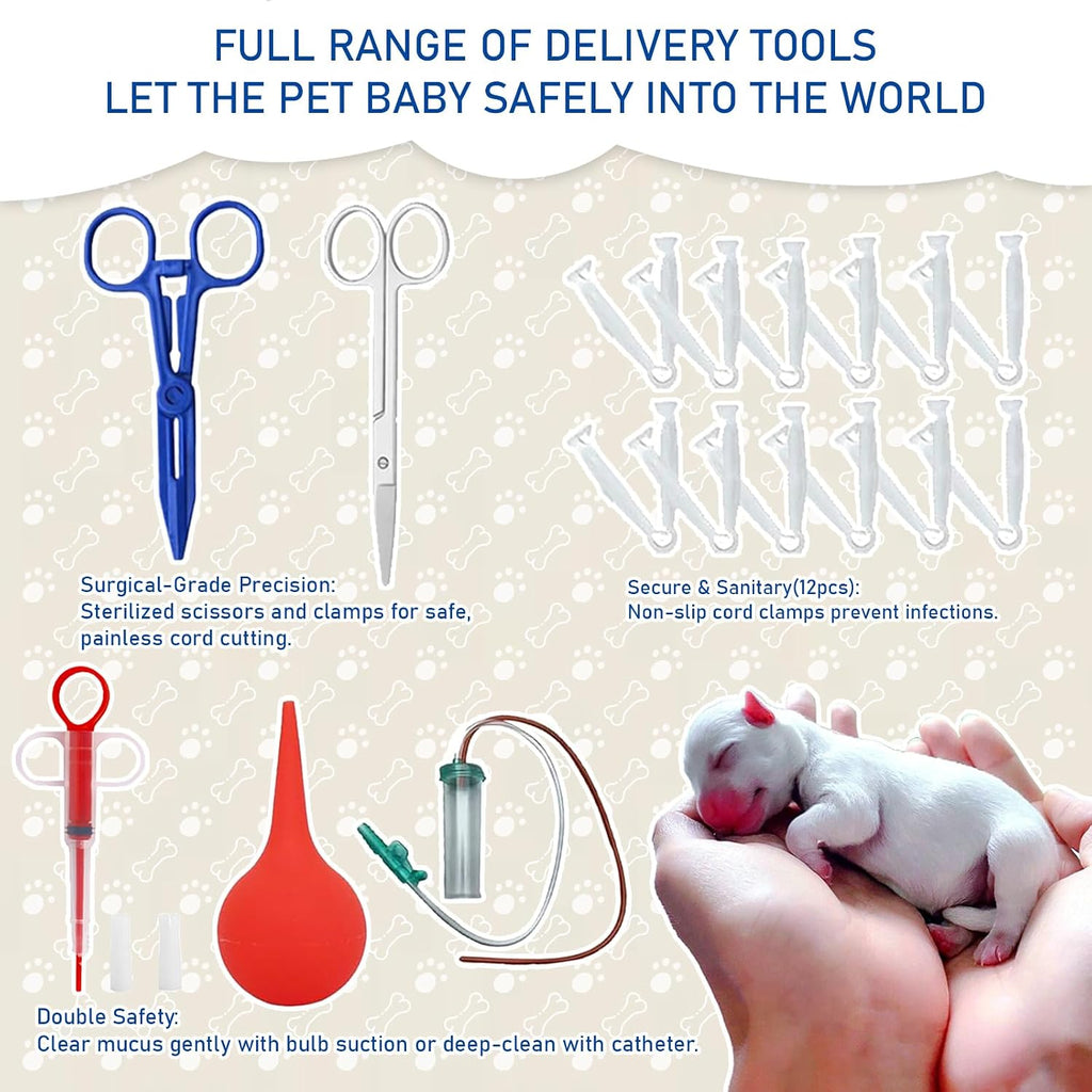 Full fifty six count pet delivery and care kit arranged neatly for breeder preparation.