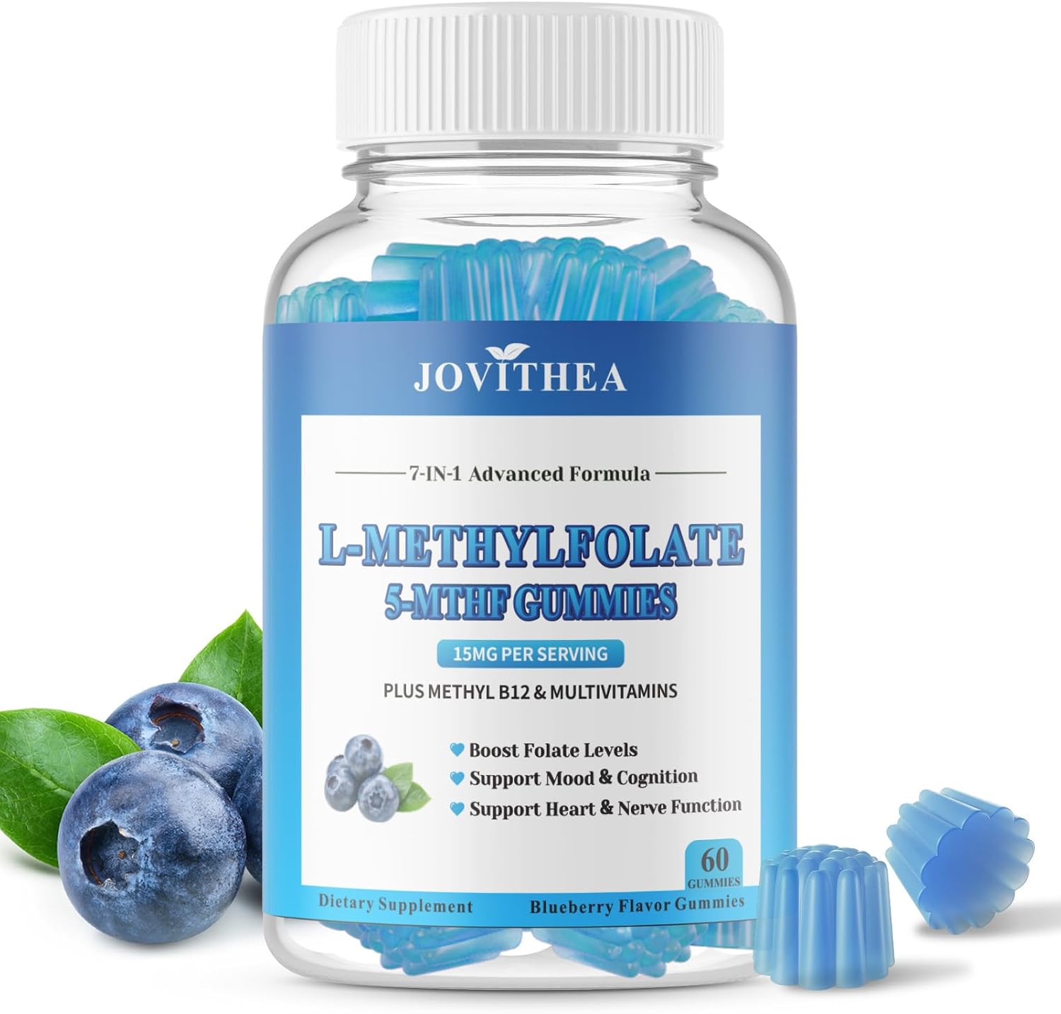 JOVITHEA L Methylfolate 15mg Gummies front view of the bottle showing mood and brain health benefits.