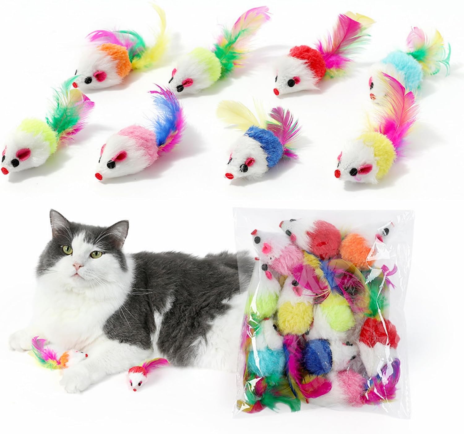 Different colored gradient mouse toys illustrating the assorted variety included in the pack