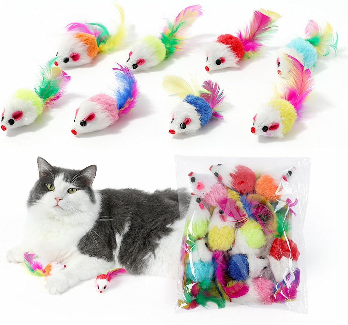 Different colored gradient mouse toys illustrating the assorted variety included in the pack