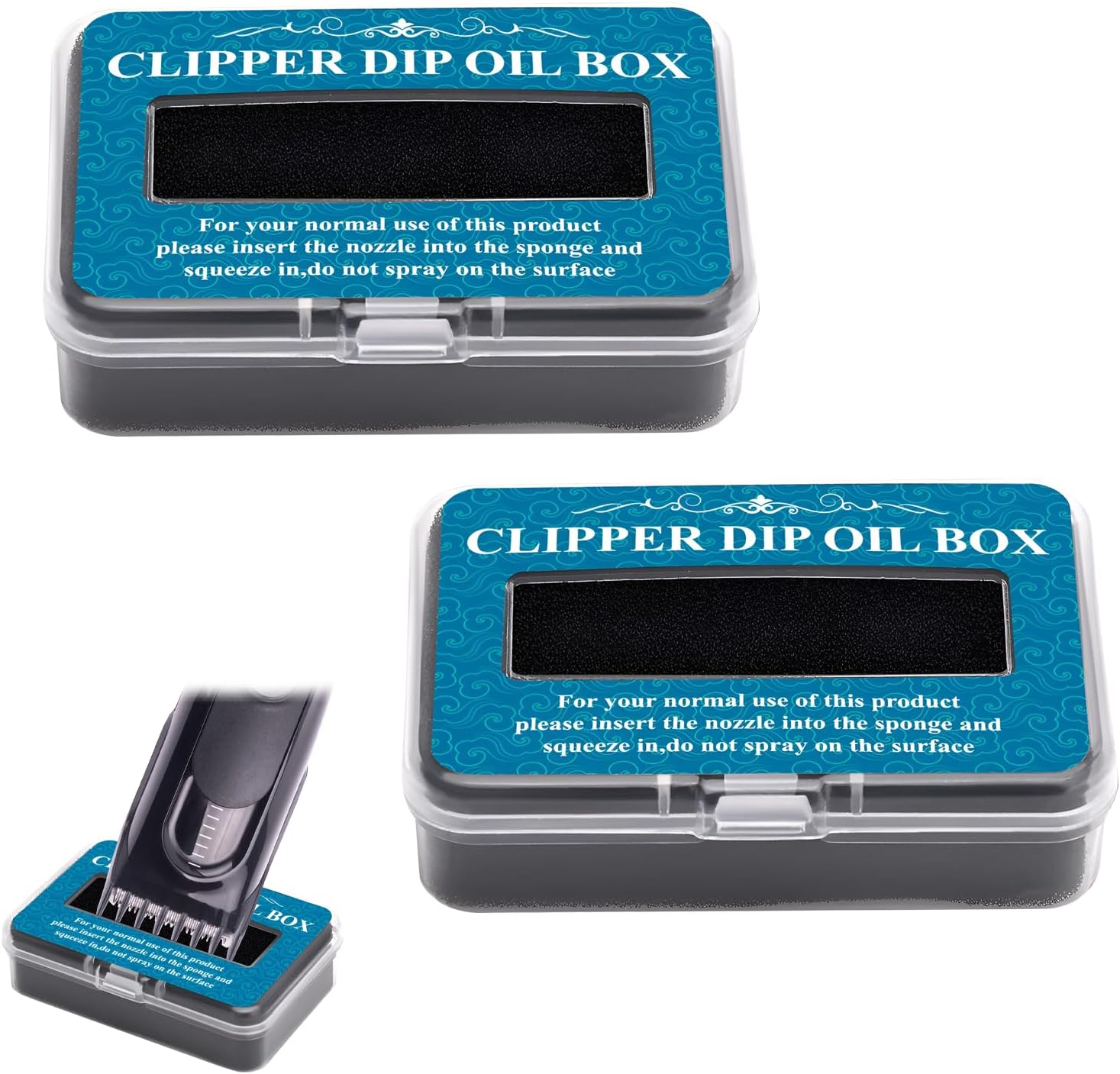 Tizee hair clipper blade oil dip box front view showing the dual plastic maintenance containers for professional trimmer care