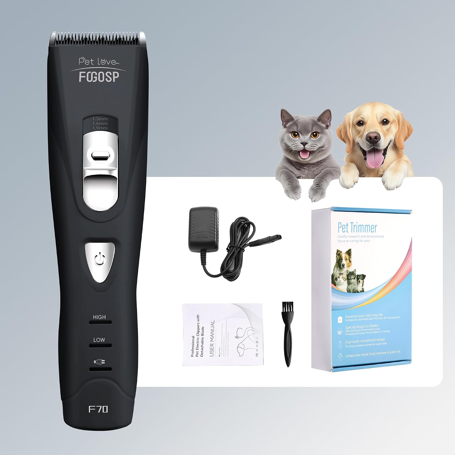 Ergonomic black dog shaver kit for thick coats and heavy matting