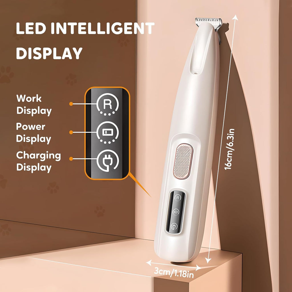 White rechargeable pet trimmer kit including the USB charging cable and cleaning accessory.