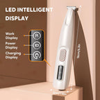White rechargeable pet trimmer kit including the USB charging cable and cleaning accessory.