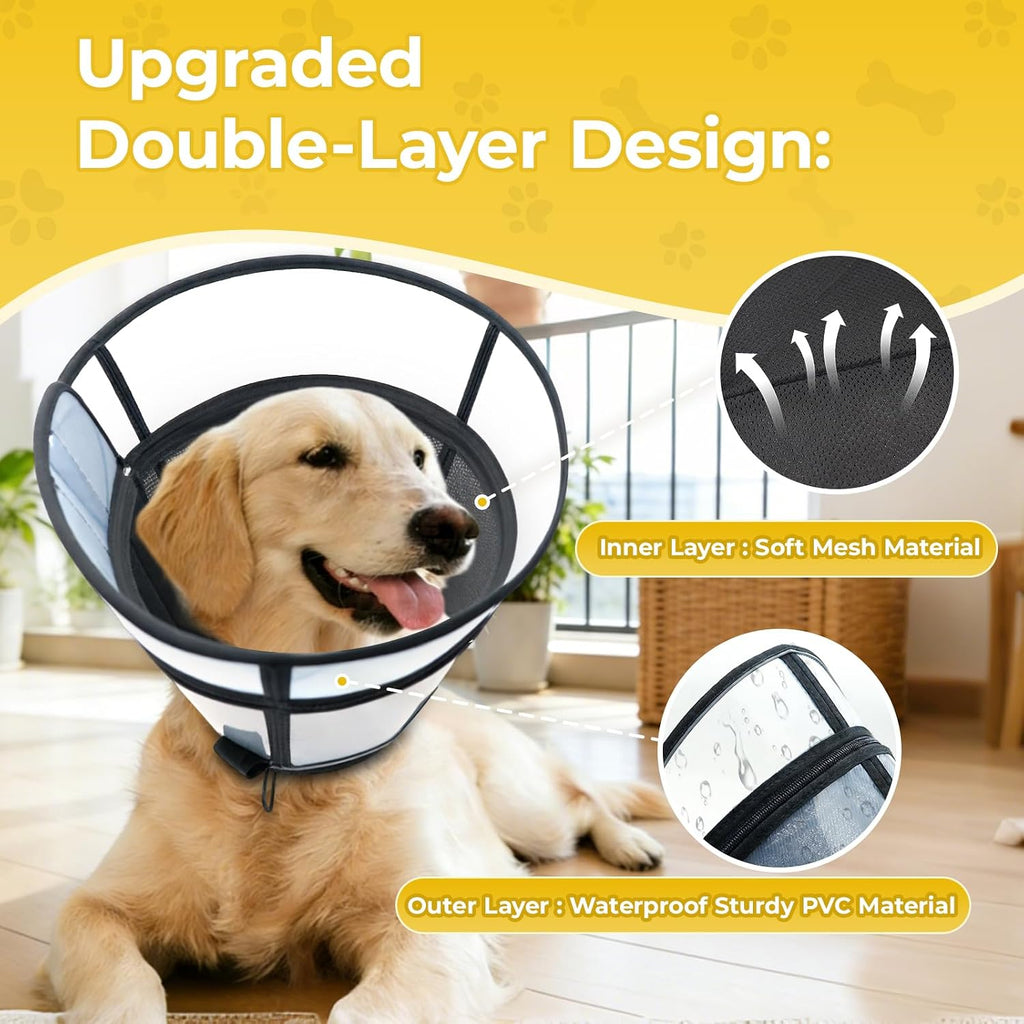 Pet wearing black dog cone collar after surgery