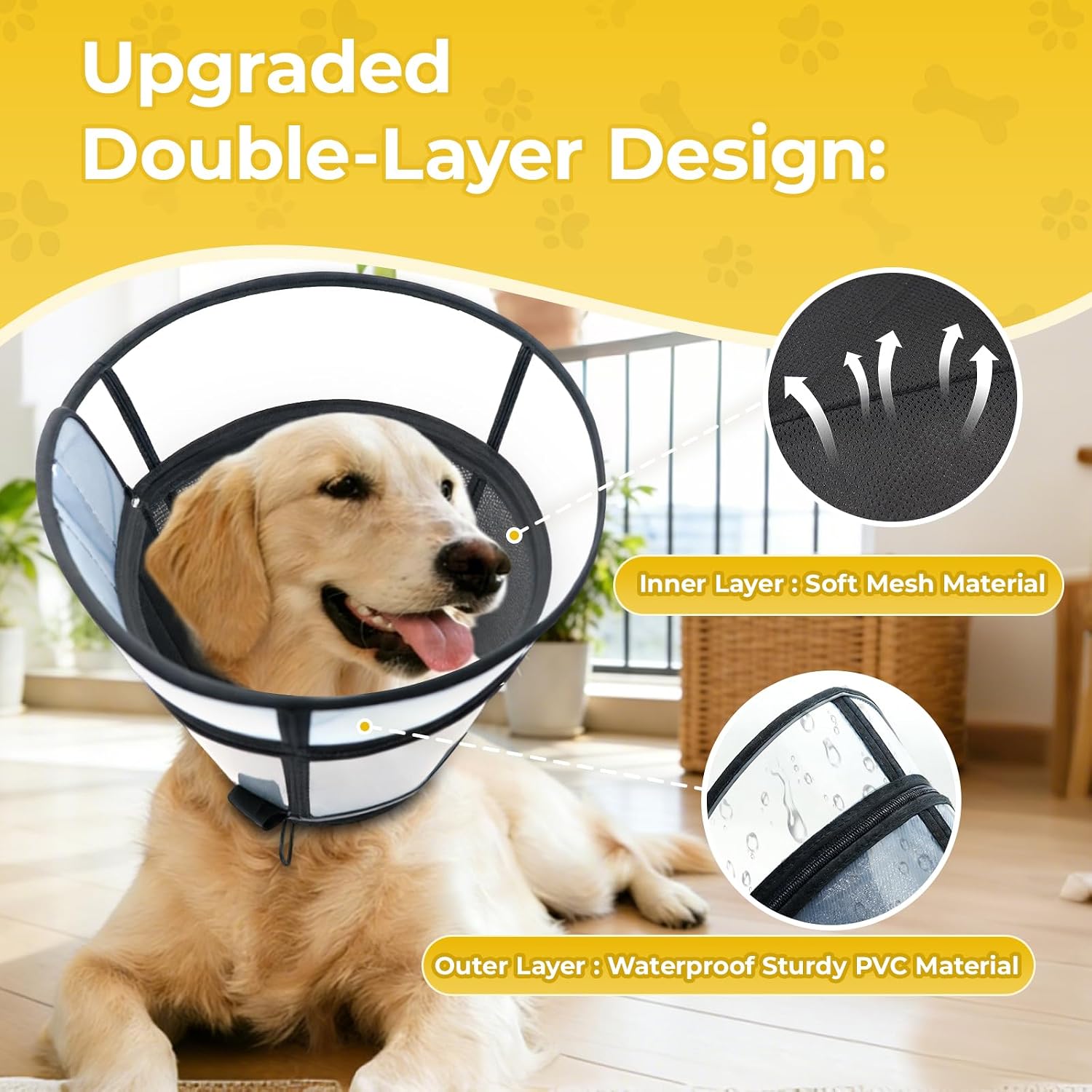 Pet wearing black dog cone collar after surgery