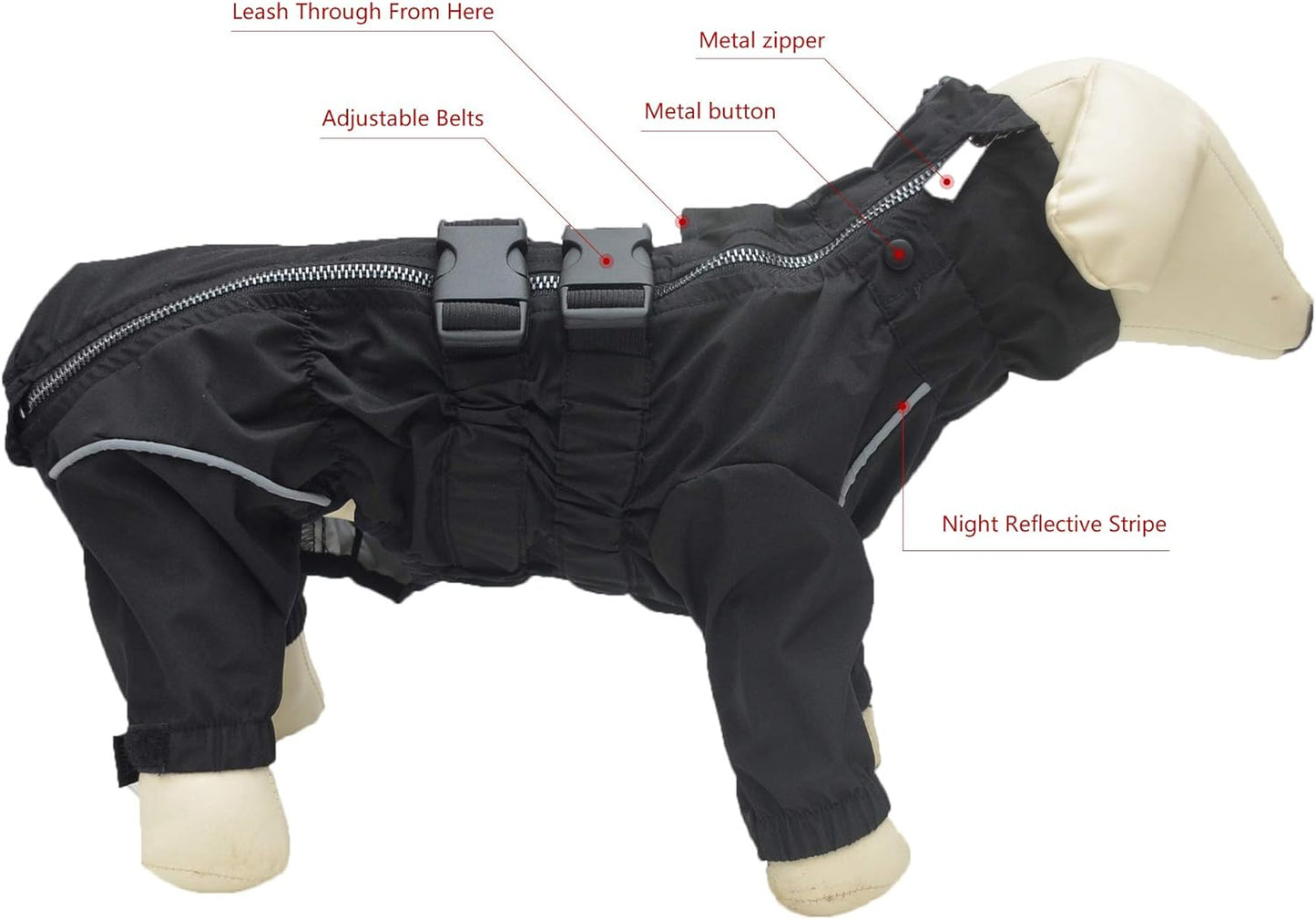 Full coverage waterproof raincoat for dogs with legs shown from side