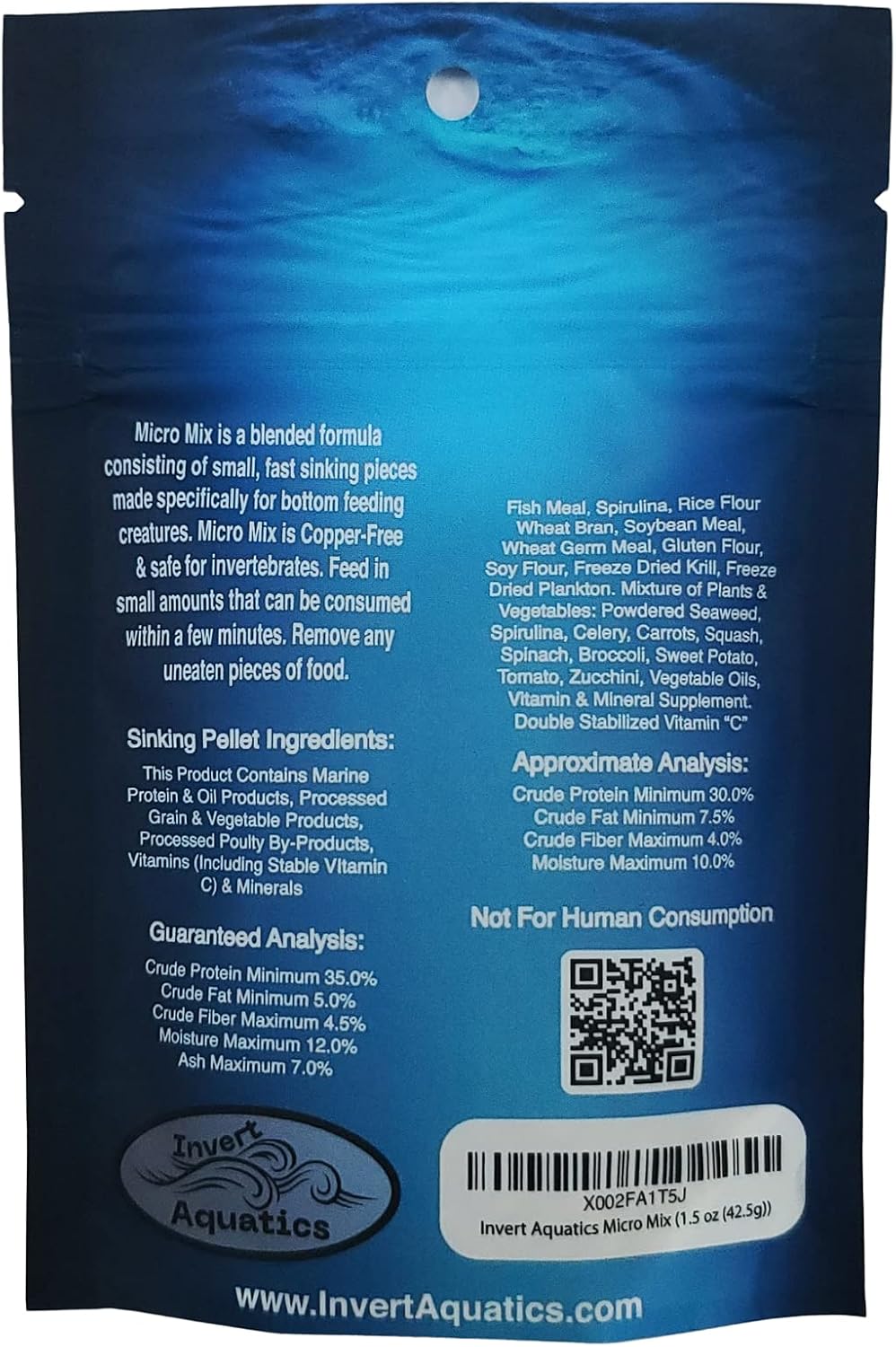 Invert Aquatics Micro Mix front view packaging showing sinking diet for snails and shrimp
