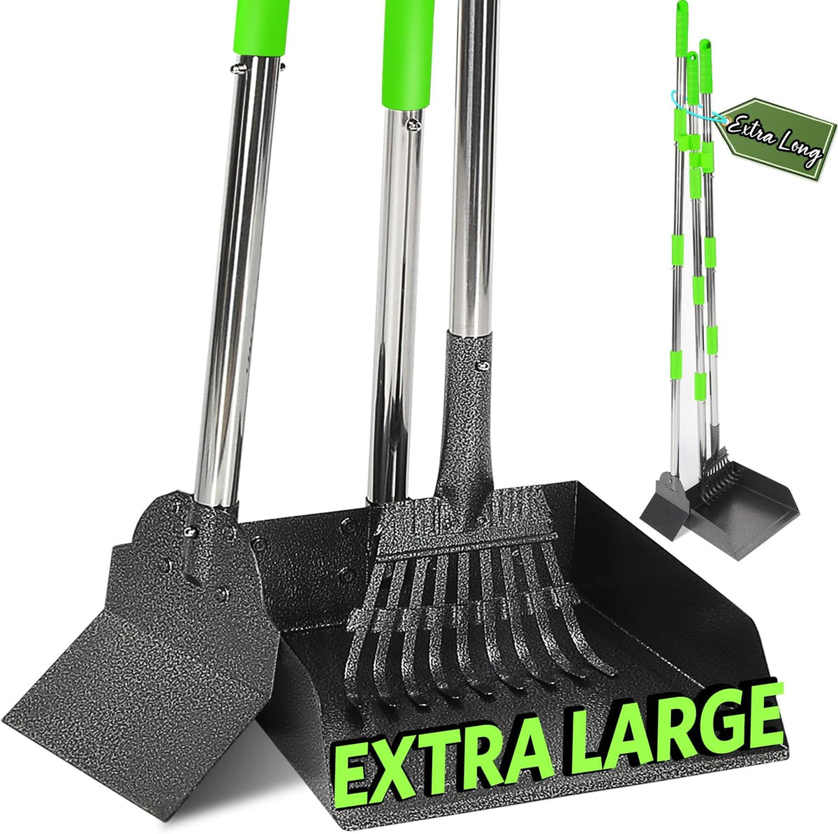 Ergonomic anti slip handle grip on heavy duty dog poop scooper.