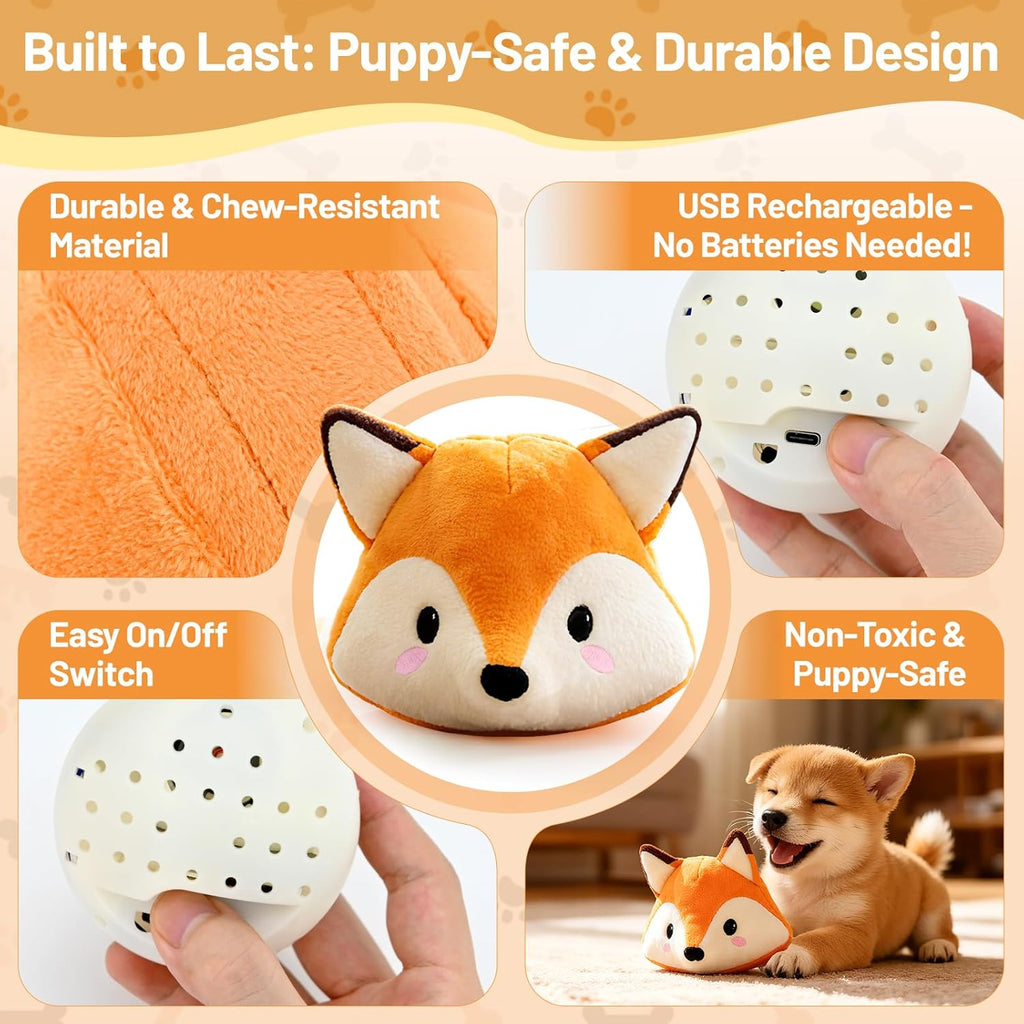 Small breed dog playing with VYsTN vibrating fox toy