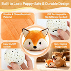 Small breed dog playing with VYsTN vibrating fox toy