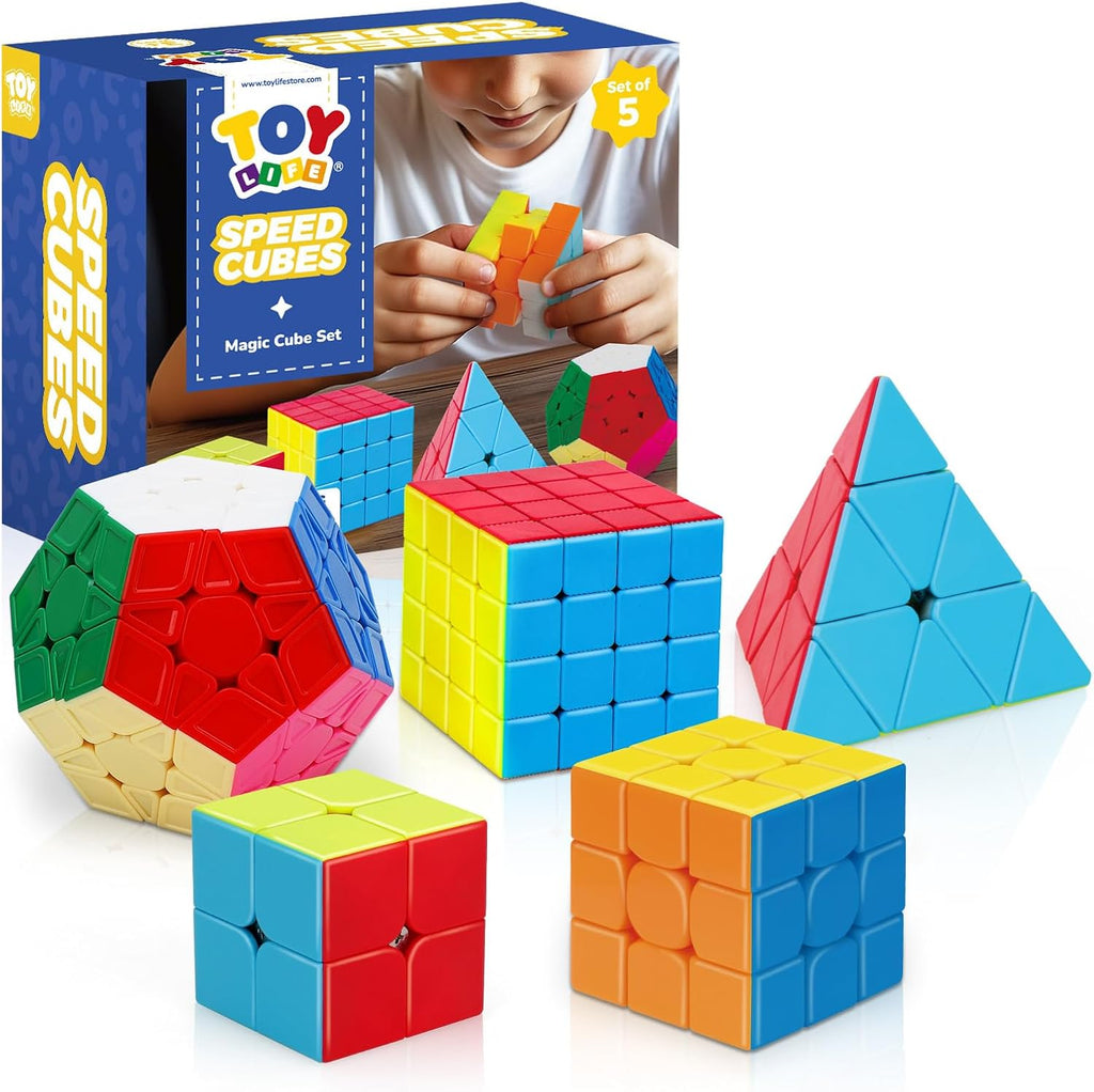 STEAM Life speed cube set front view displaying five stickerless magic puzzles including pyramid and megaminx.
