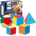 STEAM Life speed cube set front view displaying five stickerless magic puzzles including pyramid and megaminx.