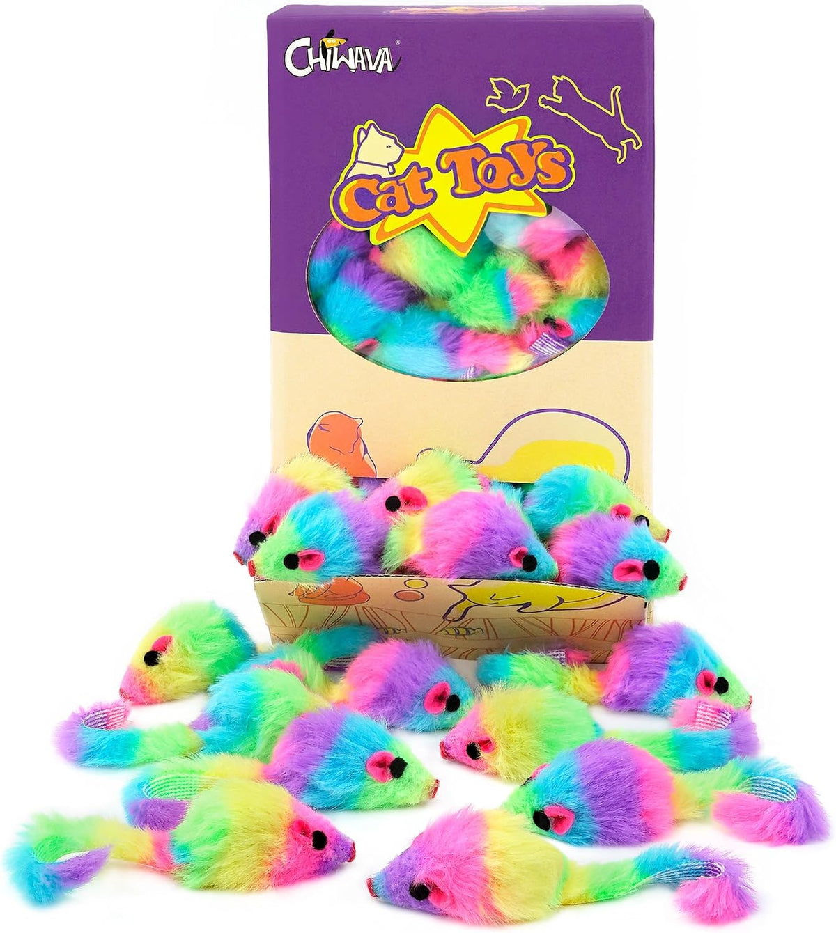 Colorful faux fur kitten mouse toy showing realistic texture.