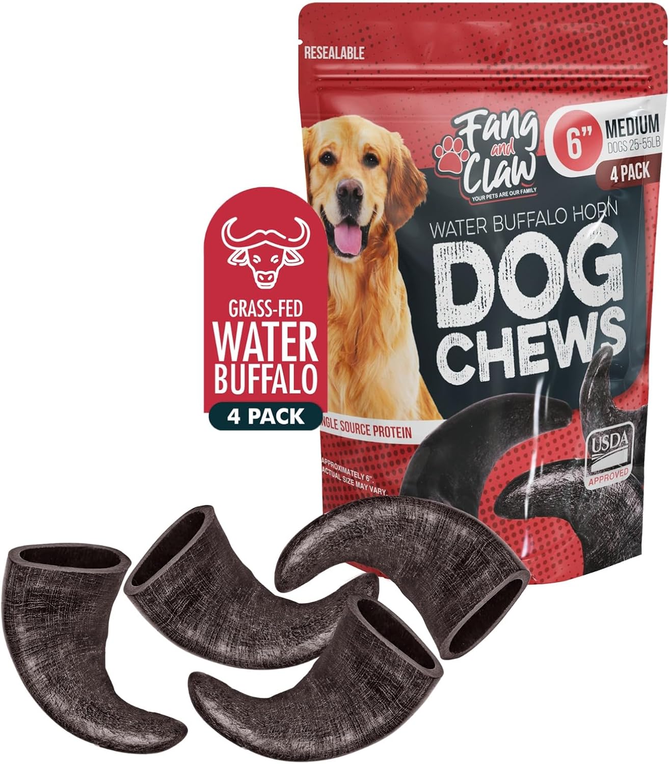 4 Pack Water Buffalo Horns for Dogs, Large 8 Inch - Natural Antler & Rawhide Bone Alternative for Aggressive Chewers, Long Lasting Single-Source Grass-Fed Dog Chew - Image 10