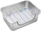 Side view of stainless steel rabbit litter box with cage hooks