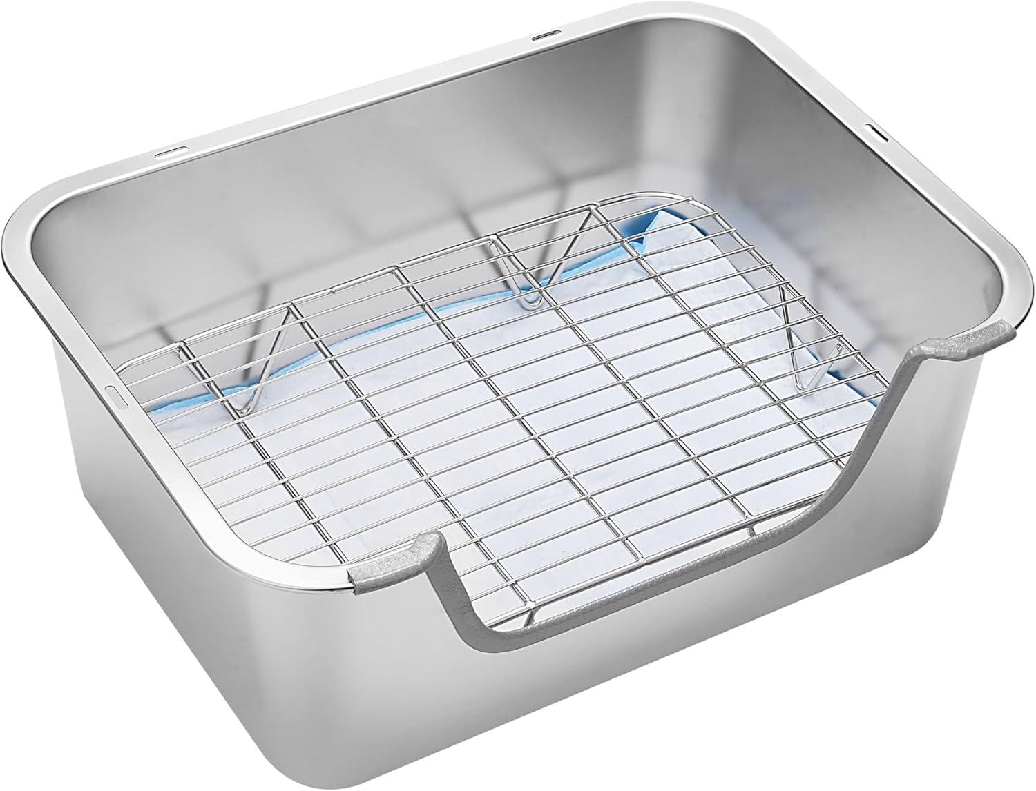 Side view of stainless steel rabbit litter box with cage hooks