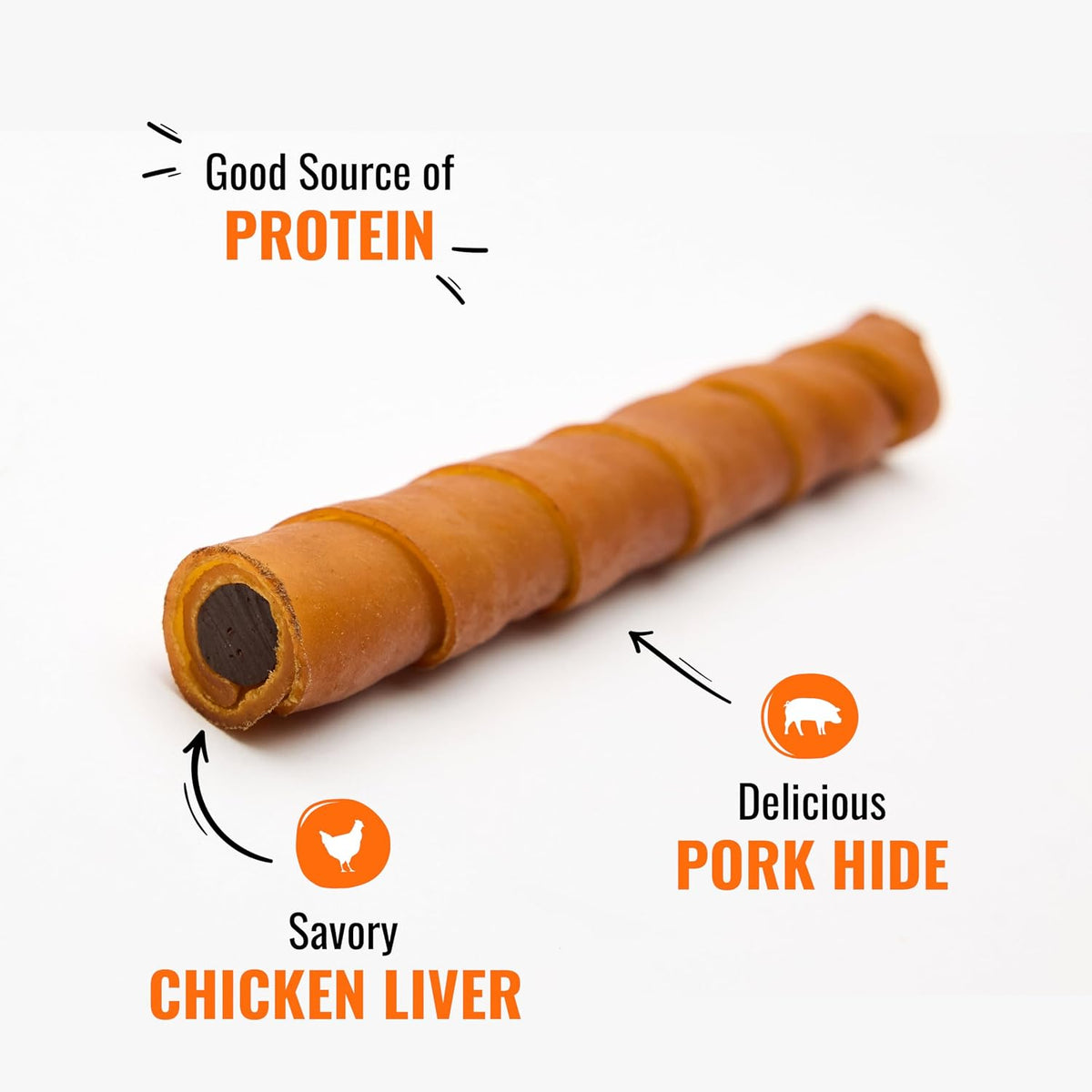 Six pack of Good 'N' Fun stuffed rawhide twists showing the detailed textures of the chicken liver filling