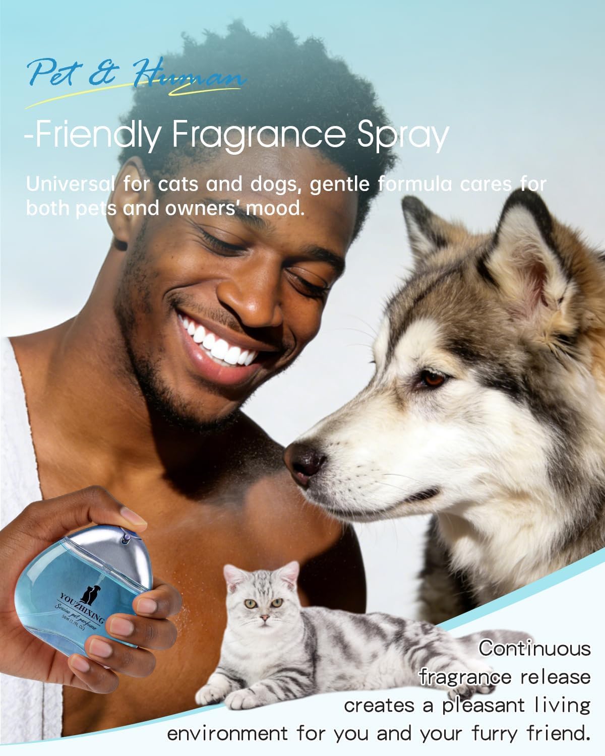 Water based deodorizing spray for dogs and cats with silver cap