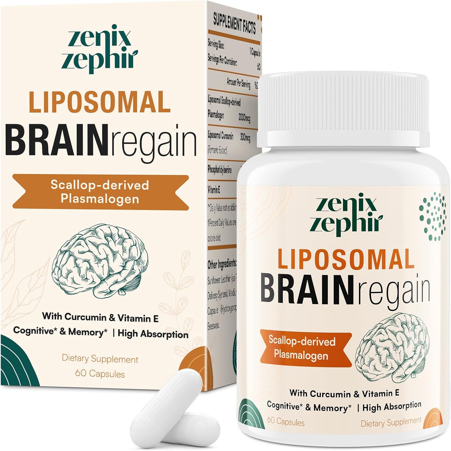 Zenixzephir Liposomal Plasmalogen with Curcumin and Vitamin E front bottle view
