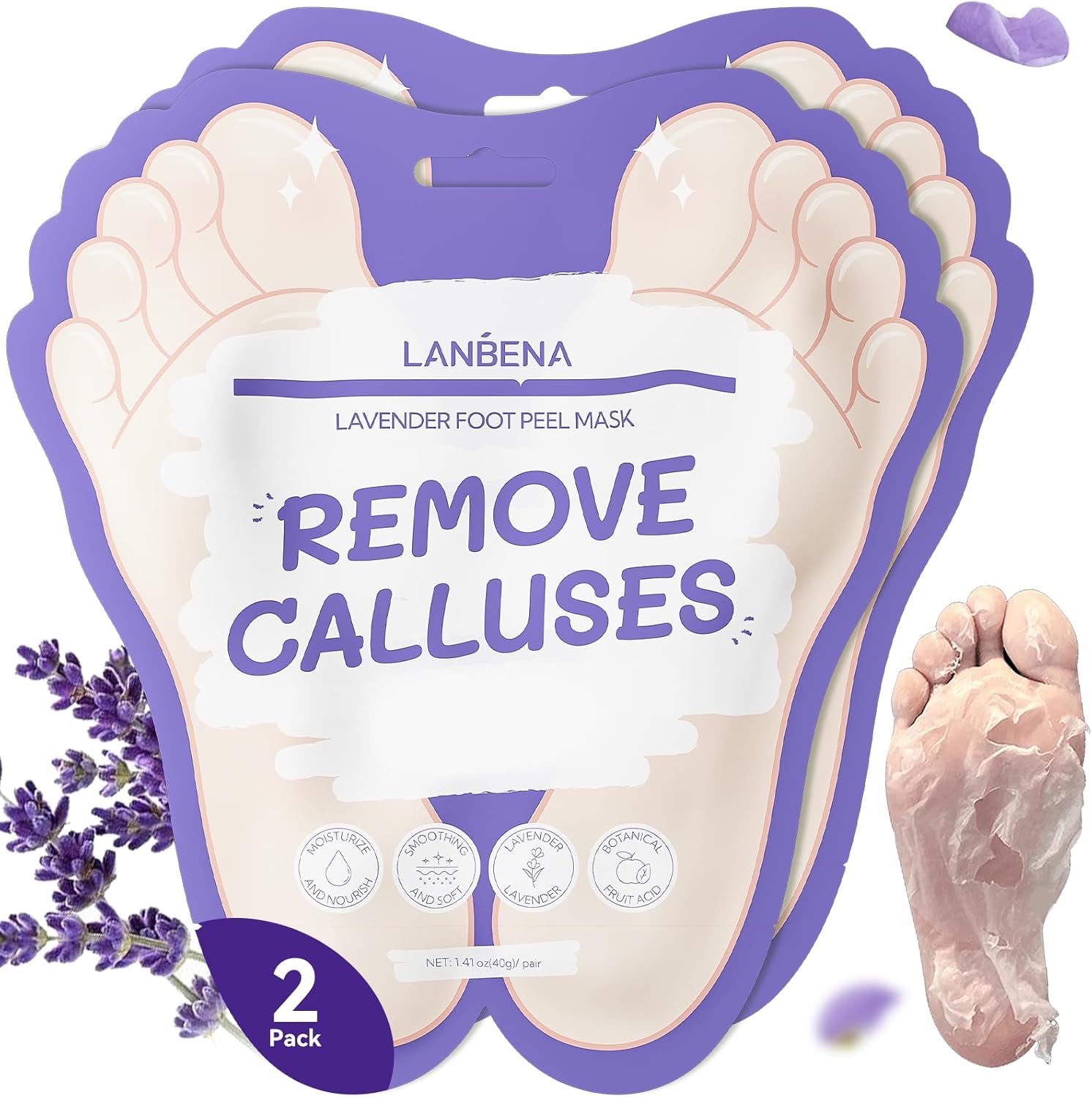 LANBENA Lavender Foot Peel Mask front packaging view showcasing dead skin exfoliation benefits.
